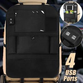 Black Car Seat Back Multi-Pocket Leather Storage Bag 4 USB Ports Multifunction -