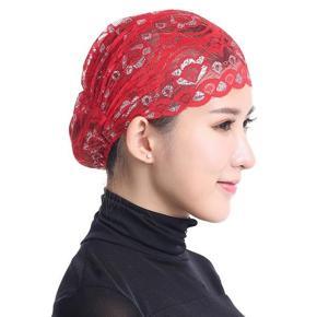 Fashion Women Muslim Head Coverings Shiny Lace Headscarf Hat Islamic Cap - Red {average size}