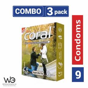 Coral - Super Ultra Thin Lubricated Natural Latex Condom - Combo Pack - 3 Packs - 3x3=9pcs