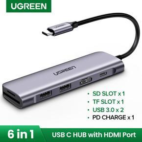 UGREEN USB C Hub 6 in 1 Type C to HDMI 4K 2 USB 3.0 Ports SD TF Card Reader 100W PD Charging Adapter Dock Station for MacBook Pro Air 2020 2019 2018 Galaxy Note 10 S10 S9 S8 Surface Go XPS 13 15