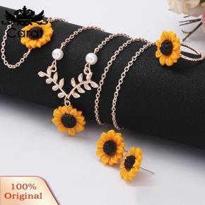 Carat 5Pcs/Set Fashion Sunflower Pendant Necklace Stud Earrings Ring Bracelet Jewelry