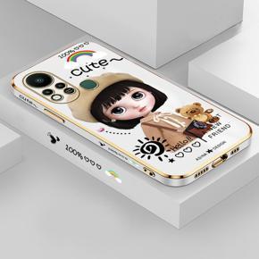 Hontinga for Infinix Hot 11S Back Cover Luxury 6D Plating Cartoon Satchel Girl Side Pattern Case Soft Silicone Square Phone Cases