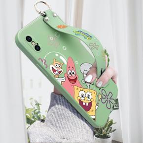 Hontinga for iPhone XS Wrist Strap Case Cute Cute Funny Cartoon Sponge for Square Pants Cover Square Edge Liquid Silicone Anti-drop Phone Case