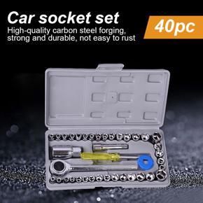 40PCS Drive Ratchet Wrench Set Extension Bar Hex Sockets Ratchet Handle Automobile Motorcycle Repair Hand Maintain Tool Kit