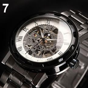 Men Skeleton Roman Numerals Hollow Dial Stainless Steel Band Mechanical Watch