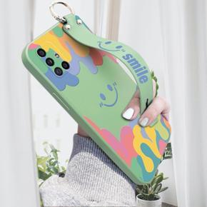 Hontinga for Samsung Galaxy A71 Wrist Strap Case Soft Candy Color Splash Ink Cover Trend Square Printed Pattern Liquid Silicone Phone Case