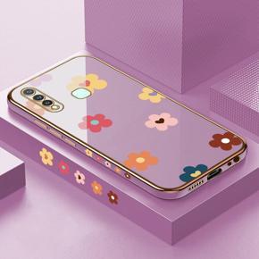 Hontinga for Vivo Y19 Case Luxury 6D Plating Soft Casing Silicone Square Frame Phone Cases Shiny Bling Cute Side Print Small flowers Back Cover