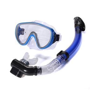 PVC Swimming Scuba Anti-Fog Dive Diving Glasses w/ Dry Snorkel Set - blue