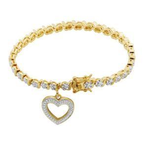 Forever Facets Women's 18K Yellow Gold Plated Diamond Accent Open Heart Charm Tennis Bracelet, 7.25"