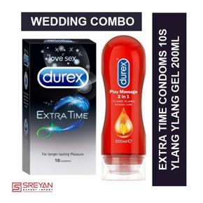 Durex Combo Wedding Pack Extra Time Condoms - 10Pcs + 2 in 1 Massage Ylang Lub3 Gel - 200ml