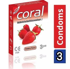 Coral -Strawberry Flavors Lubricated Natural Latex Condom - Single Pack - 3x1-3pcs