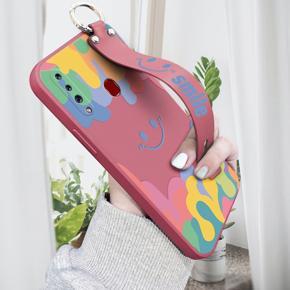 Hontinga for Samsung Galaxy A20S Wrist Strap Case Soft Candy Color Splash Ink Cover Trend Square Printed Pattern Liquid Silicone Phone Case