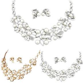 Carat Elegant Bridal Faux Pearl Leaves Choker Necklace Stud Earrings Jewelry Set