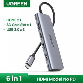 UGREEN USB C Hub 6 in 1 Dongle USB-C to HDMI Multiport Adapter with 4K HDMI Output 3 USB 3.0 Ports SD/TF Card Reader Compatible for MacBook Pro XPS More Type C Devices