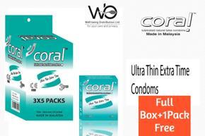 Coral - Ultra Thin Extra Time Lubricated Natural Latex Condom - Full Box+1Pack Free - 3x5=15pcs+3pcs