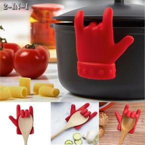 1 Pc - Silicone Spoon Rest Holder Stove Top Pot Lid - Finger / Hand Shape Spoon Rest - Red Color