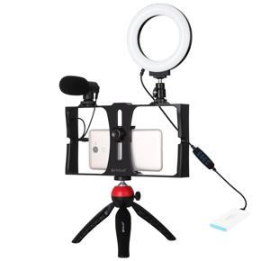 PULUZ 4 in 1 Vlogging Live Broadcast Smartphone Video Rig + 4.7 inch 12cm Ring LED Selfie Light Kits with Microphone + Tripod Mount + Cold Shoe Tripod Head for iPhone, Galaxy, Huawei, Xiaomi, HTC, LG,