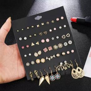 30 Pairs/set Fashion Metal Alloy Earrings For Women Geometric Square Hexagon Stud Earrings Set Pink Rhinestone Earring Gift