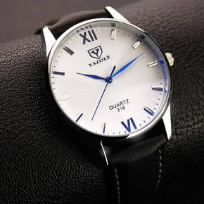 Yazole Men's 318 Luminous Watches Luxury Leather Roman Number Fashion Quartz Watch Male Clock - White plate and black belt