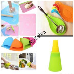 The Silicone Deal "Pack of 4 Silicone Bakery - kitchen items - Silicon Roti / Baking Mat Oil Bottle with Brush - Pot / utensil Holder / clip and silicone spoon rest