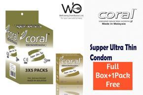 Coral - Super Ultra Thin Lubricated Natural Latex Condom - Full Box+1Pack Free - 3x5=15pcs+3pcs