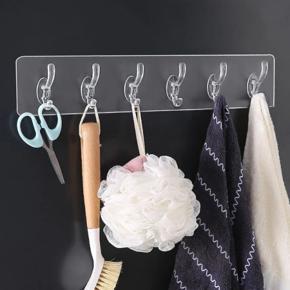 Transparent 6 Hooks Hanger Self Adhesive Clothes Hanger | Cloth Hanger | Bathroom Accessories Hanger | Reusable Transparent Sticky Wall Hooks | Punch Free Self – Sticking Clips | Waterproof Hanging Ho