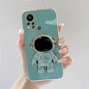 Hontinga for Infinix Hot 11S Back Cover With Cartoon Astronaut Folding Bracket Cases Luxury 6D Plating Soft Silicone Phone Cases