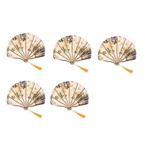 ARELENE 5 Pcs Classic Style Peony Flower Fabric Bamboo Folding Dance Hand Fan Beige