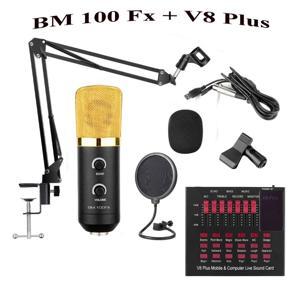 BM- 100 FX  USB Powered Condenser Microphone + V8 Plus with Noise Cancel and Echo Effect Complete Package Condenser Microphone Studio Setup