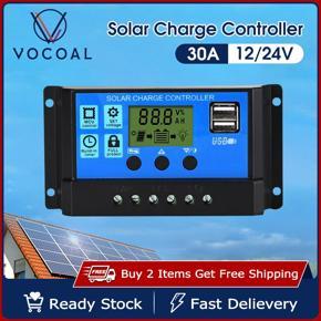 Vocoal 30A Solar Charge Contro ller Solar Panel Controller 12V/24V Adjusta ble LCD Display Solar Panel Batte ry Regulator With USB Port Auto PWM Controllers Intelligent System Charging Controller For 