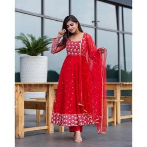 Red Semi-stitched Georgette Embroidery Work Free Size Exclusive Designer Sharara Suit Party Wear Suits for Women