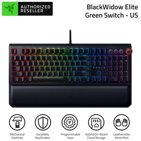 Razer BlackWidow Elite Mechanical Keyboard Gaming 104 Keys RGB Wired Keyboard Instant Trigger Chroma Colorful Light HyperShift Black With Palm Rest  Green Switch