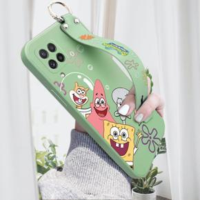 Hontinga for Samsung Galaxy A22 Wrist Strap Case Cute Cute Funny Cartoon Sponge for Square Pants Cover Square Edge Liquid Silicone Anti-drop Phone Case