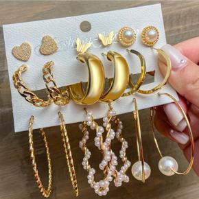 Trendy 9 Pairs = 18 Pcs Mixed Designs Big Hoop Earrings Set Pearl Dainty Butterfly Stud Earrings for Women Party Jewelry - Earrings for Girls Simple Stylish - Earrings Set for Women New Collection - E