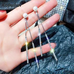 Long Tassel Crystal Rhinestone Earring Exquisite Pearl Silver Color Dangle Earrings for Women Wedding Bride Jewelry Gifts