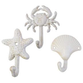 BRADOO Set Of 3 Starfish Seashell Crab Cast Iron Decorative Wall Hooks Coats Aprons Towels Hooks Beach Ocean Theme Metal Hooks
