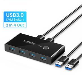 UGREEN USB 3.0 Sharing Switch Selector 4 Port 2 Computers Peripheral Switcher Adapter Hub for PC, Printer, Scanner, Mouse, Keyboard with One Button Swapping and 2 Pack USB Male Cable