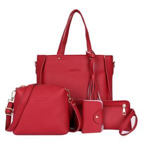 4Pcs/Set Women Solid Color Faux Leather Handbag Shoulder Bag Card Holder