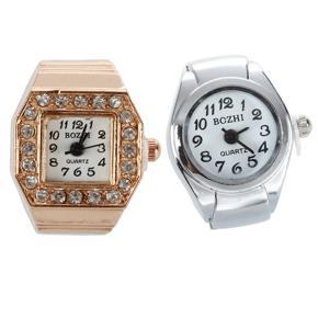 2PCS Square Dial Glitter Crystal Decor Elastic Band Finger Ring Watch with Round White Dial Arabic Numerals Ring Watch