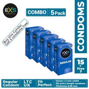 EXS - Regular Condom - Combo of 5 Packs - 3x5=15pcs + 3pcs Free (Made in UK)