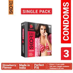 SKORE - Strawberry Flavour Climax Delay With Raised Dots Condom - Single Pack - 3x1=3pcs