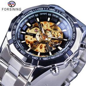 FORSINING FTM340 Men's Fashion Casual Watch Luminous Waterproof Stainless Steel Strap Hollow Transparent Automatic Mechanical Watch