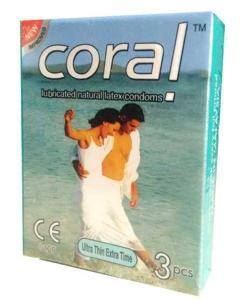 Coral Ultra Thin Extra Time Lubricated Natural Latex Condoms 1 Pack - 3 Pcs