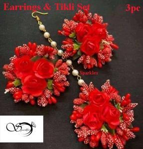 Artificial Flower Jewellery Earrings & Tikli Set -3 Pc