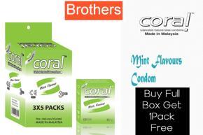 Coral - Mint Flavors Lubricated Natural Latex Condom - Full Box+1Pack Free - 3x5=15pcs+3pcs