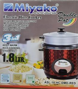 MIyako 3 IN 1 Automatic Electric Rice Cooker 1.8 Liter - Double Pot Non Stick with Glass Lid ASL-18-HC-DMD-RED