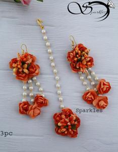 Exclusive Designer Non Bridal artificial flower  Earring & Tikli Set-3 pc