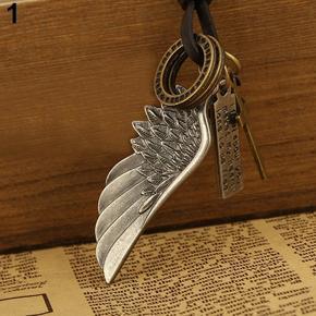 Antique Vintage Angel Wing Letter Carved Men Women Faux Leather Pendant Necklace