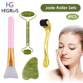 HEGRUS 3Pcs Jade Roller and Gua Sha Set Facial Roller R-Eal Natural Jade Facial Scraping Tool for Wrinkles