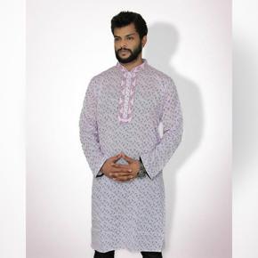 White and Purple Cotton Semi Long Panjabi for Men